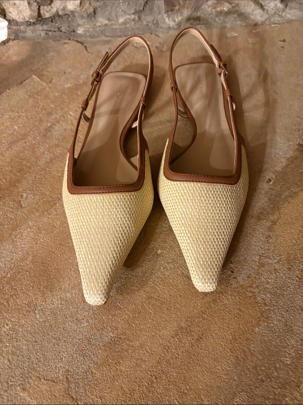 Ann Taylor Cream Woven Pointed Slingback Flats with Tan Trim